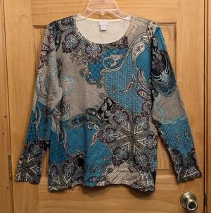 Chico's Sweater Pullover 2 LG Paisley Floral LS Top Green Brown Boho Artsy Comfy
